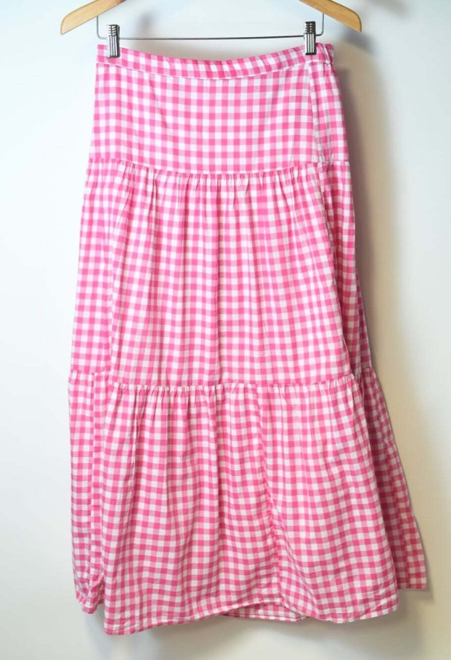J Crew Pink White Checkered Tiered Long Boho Skirt Fuchsia Summer Size S